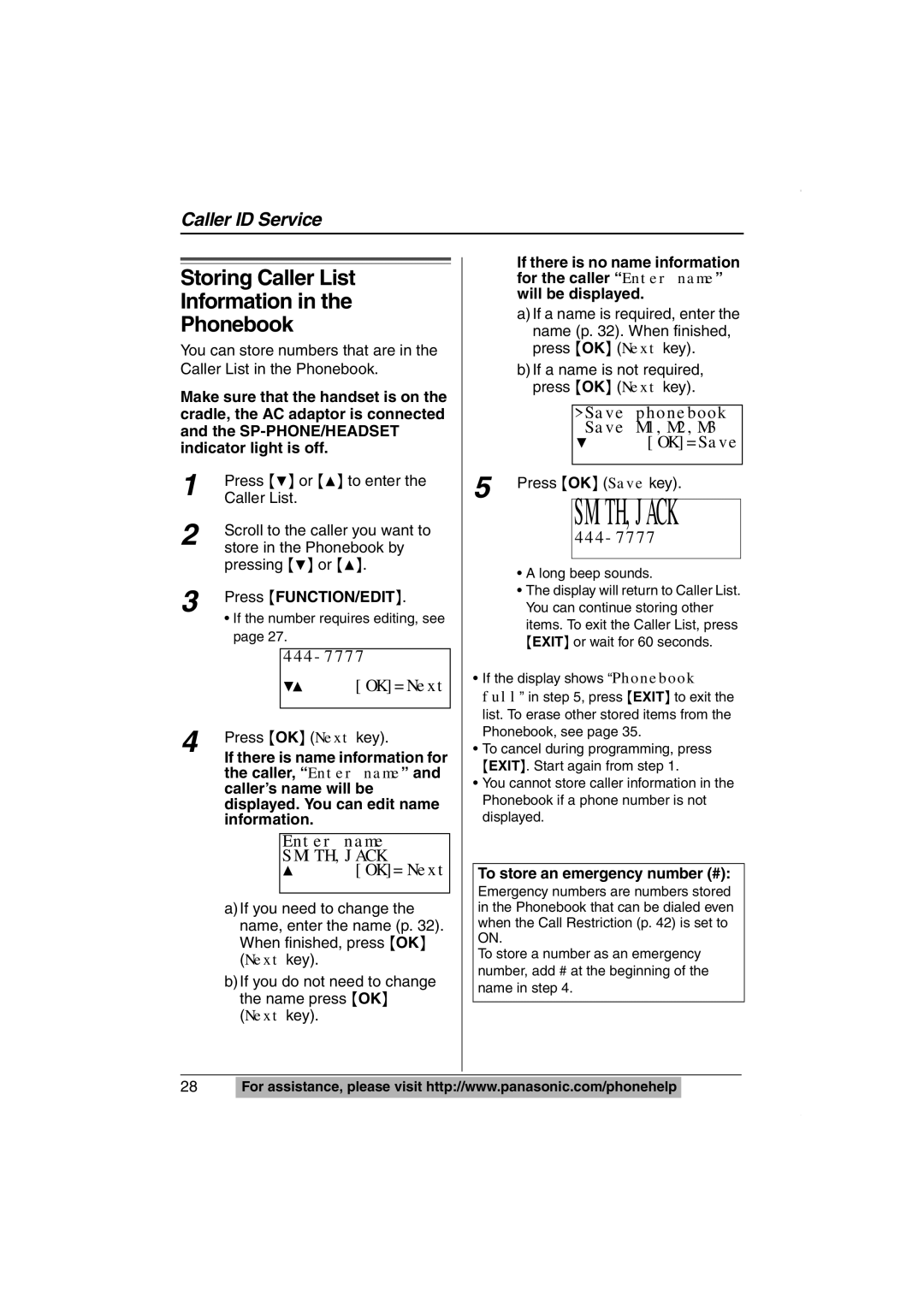 Panasonic KX-TS620W operating instructions Storing Caller List Information Phonebook, 444-7777, Enter name, OK= Next 