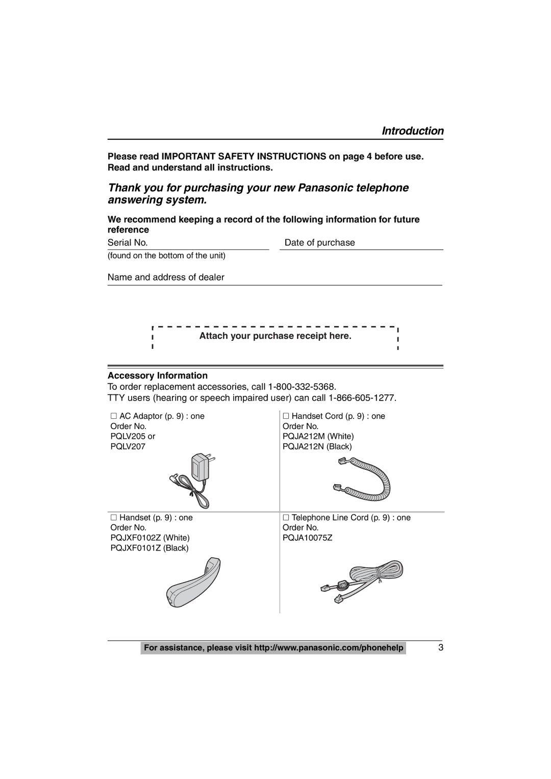 Panasonic KX-TS620W operating instructions Serial No Date of purchase, Name and address of dealer 