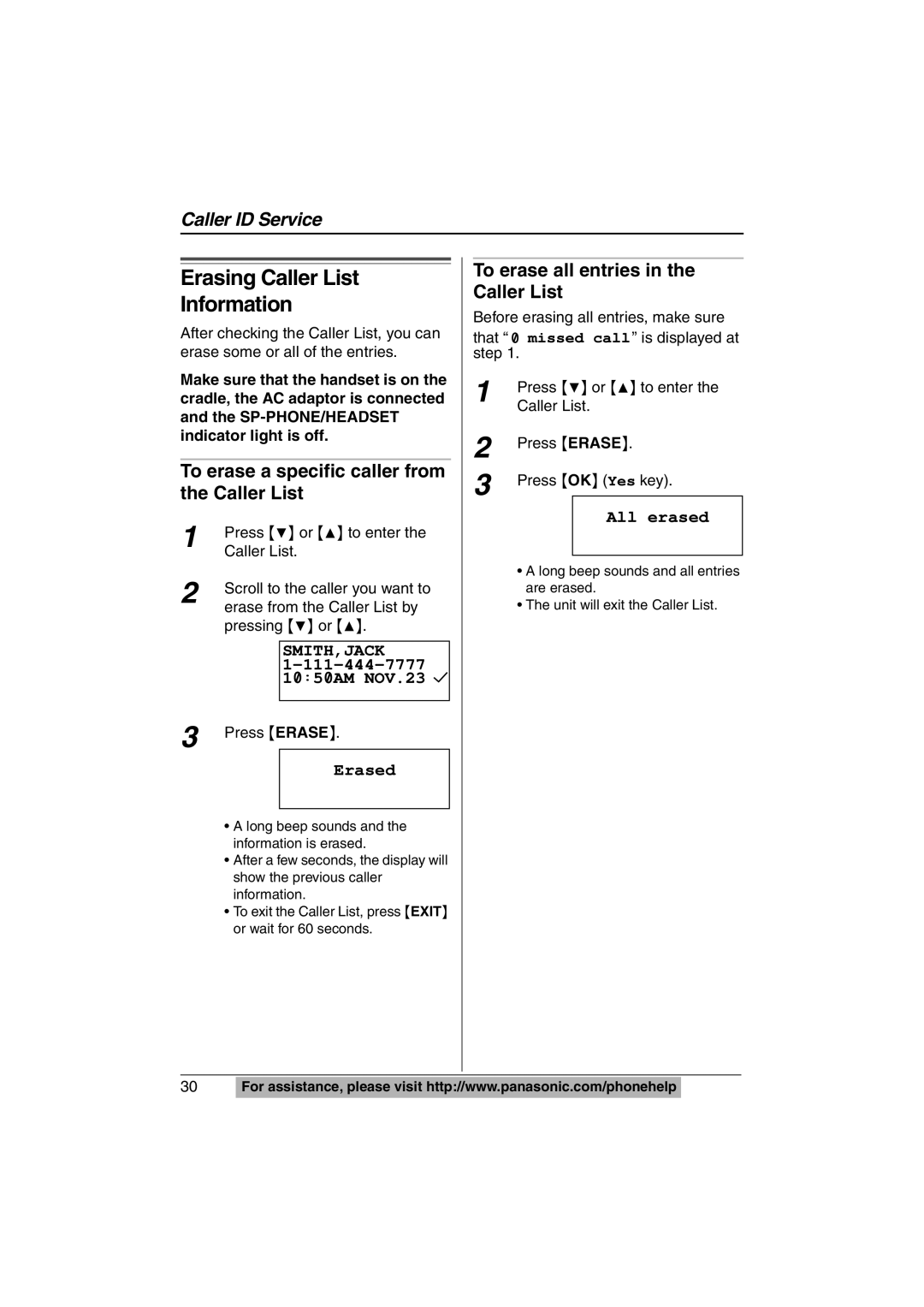 Panasonic KX-TS620W Erasing Caller List Information, To erase a specific caller from the Caller List, Erased, All erased 