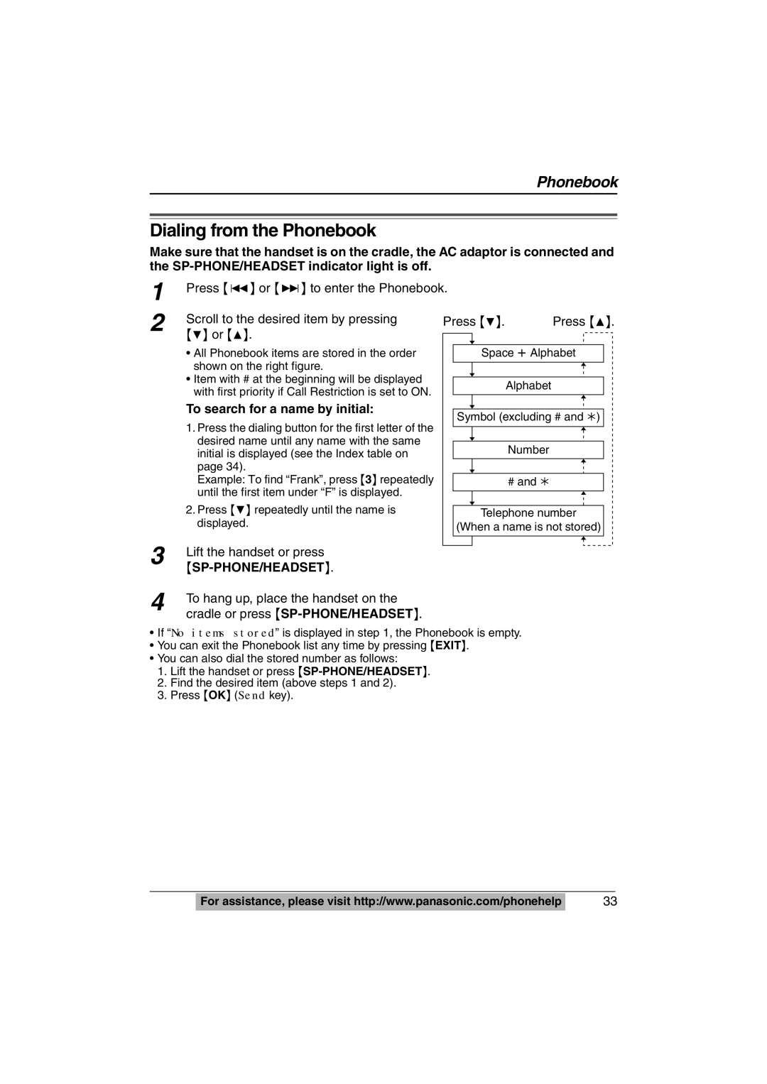 Panasonic KX-TS620W Dialing from the Phonebook, To search for a name by initial, To hang up, place the handset on 