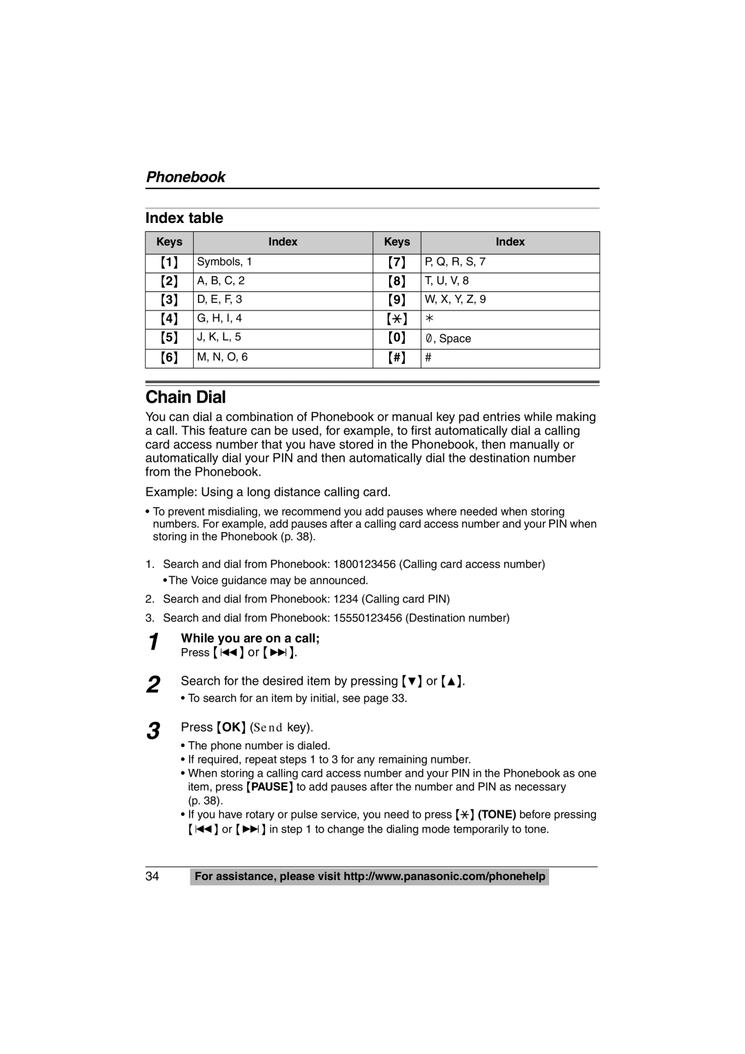 Panasonic KX-TS620W Chain Dial, Index table, While you are on a call, Search for the desired item by pressing 4 or 