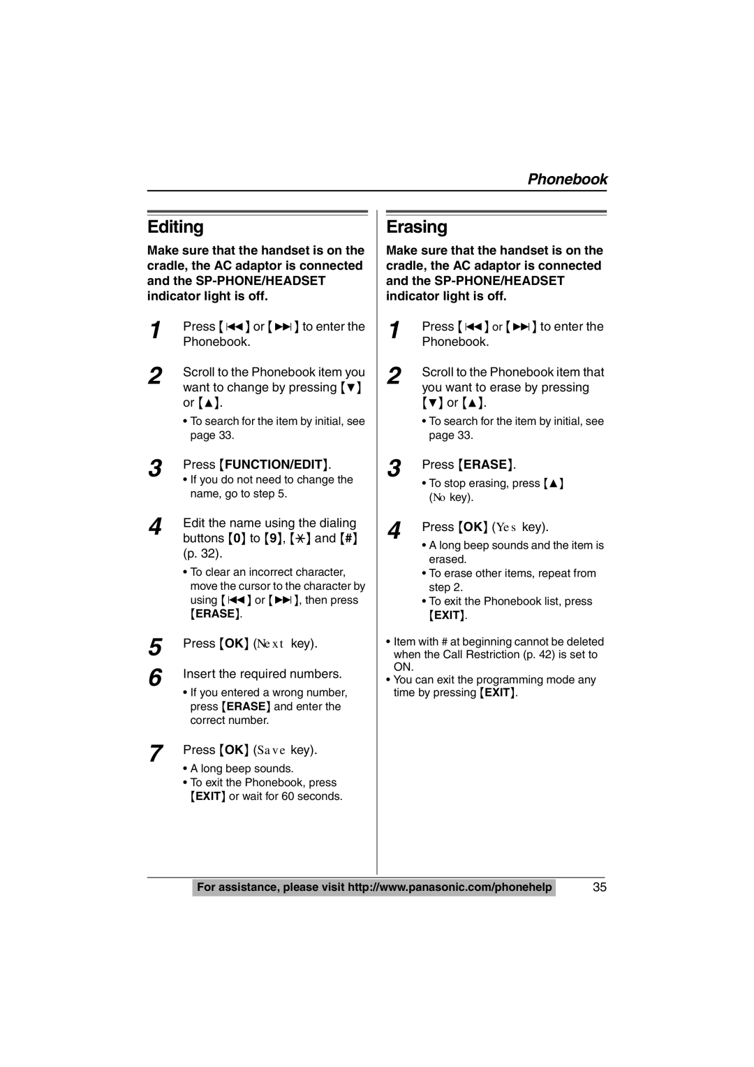 Panasonic KX-TS620W operating instructions Editing, Erasing 