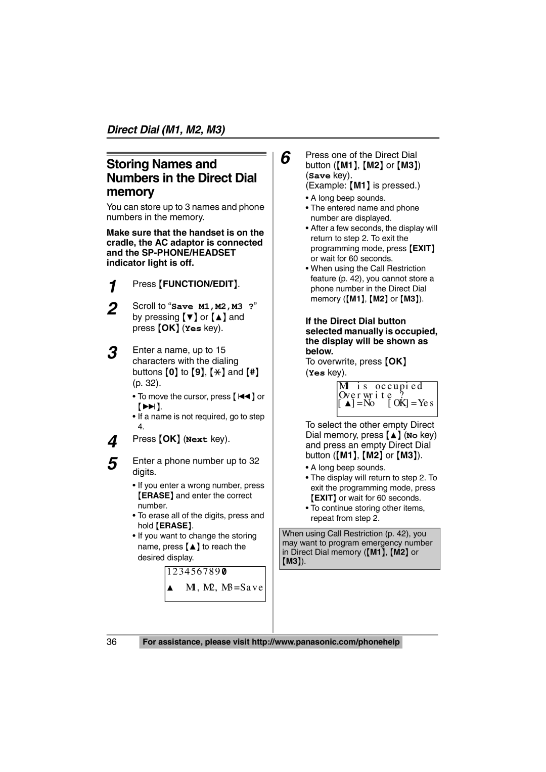 Panasonic KX-TS620W operating instructions Storing Names and Numbers in the Direct Dial memory, 123456789, M1,M2,M3=Save 