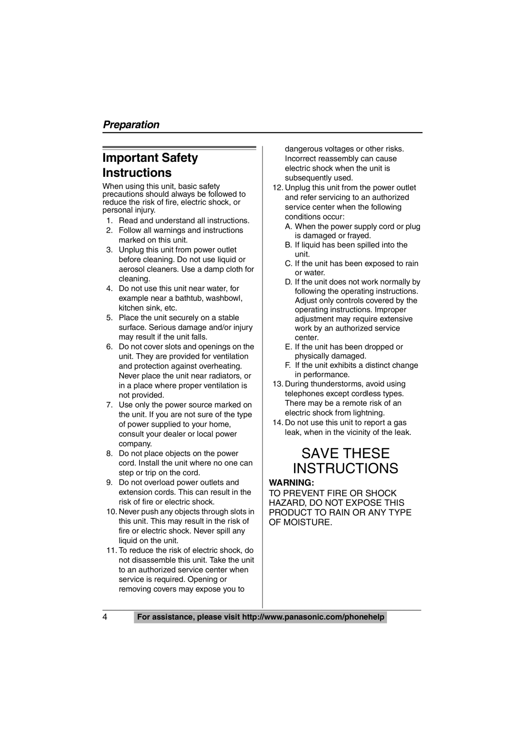 Panasonic KX-TS620W operating instructions Save These Instructions, Important Safety Instructions 