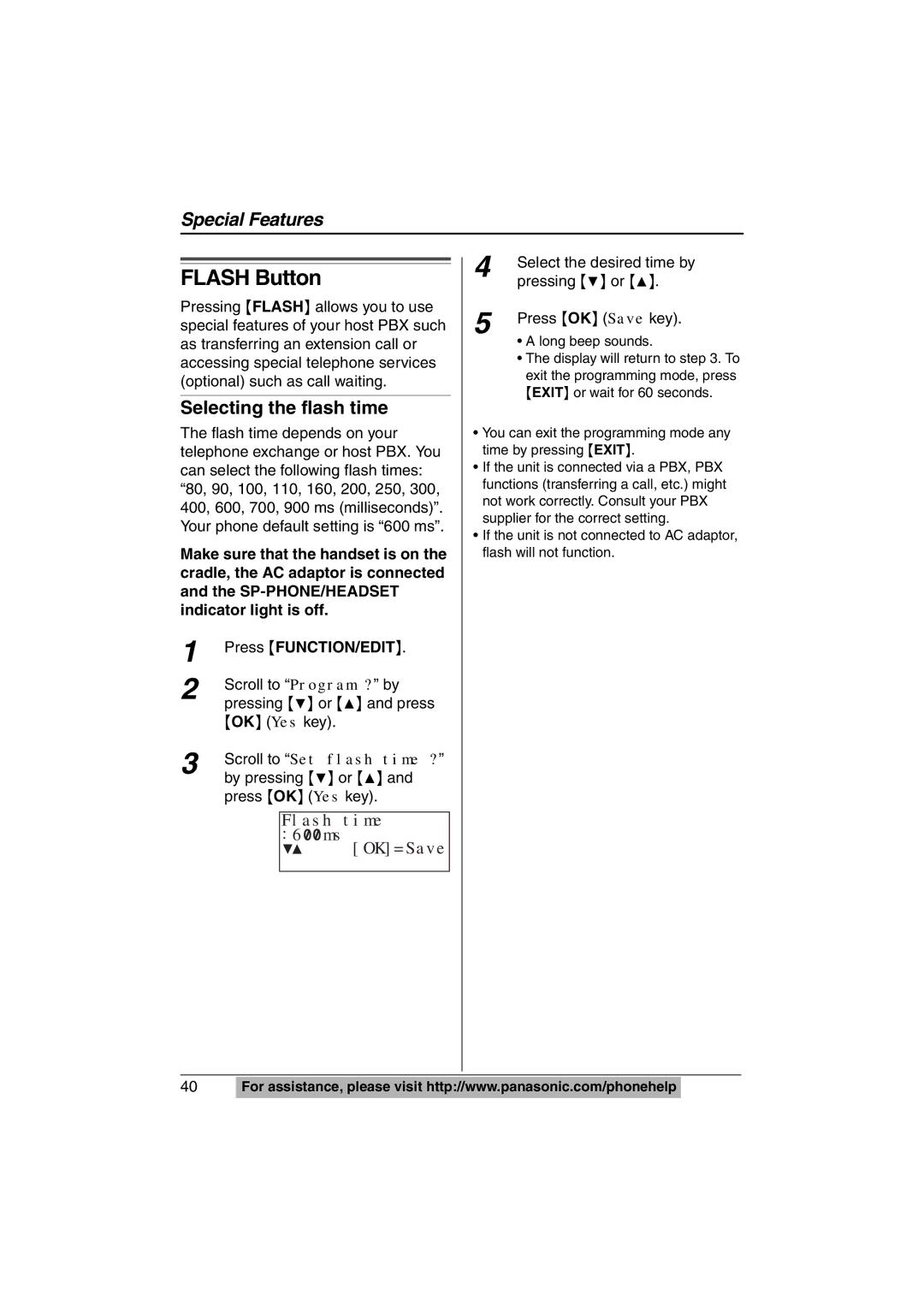 Panasonic KX-TS620W operating instructions Flash Button, Selecting the flash time, Select the desired time by 