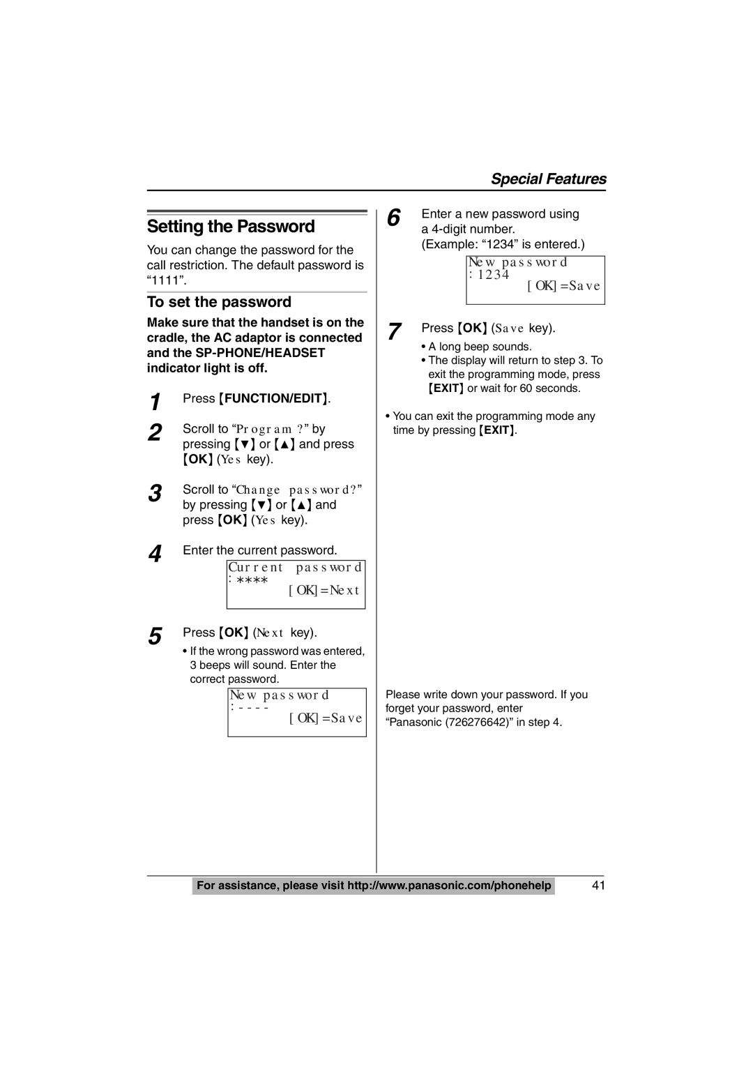 Panasonic KX-TS620W operating instructions Setting the Password, To set the password, New password, 1234 