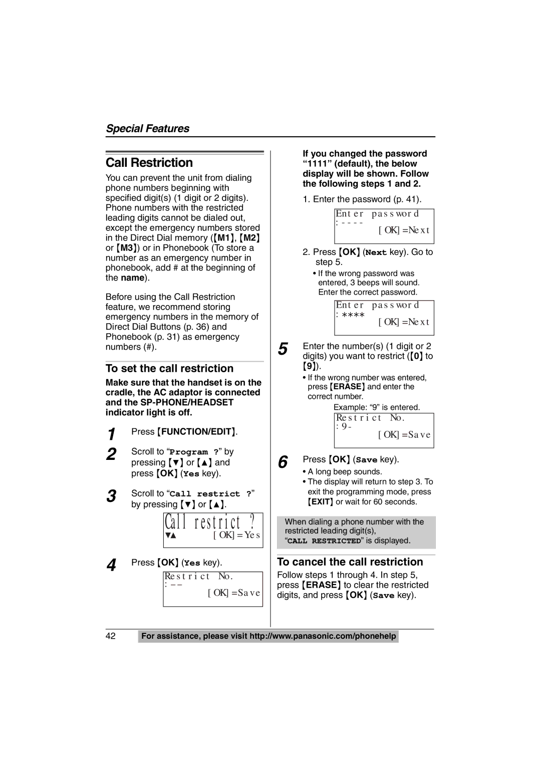 Panasonic KX-TS620W operating instructions Call Restriction, To set the call restriction, To cancel the call restriction 