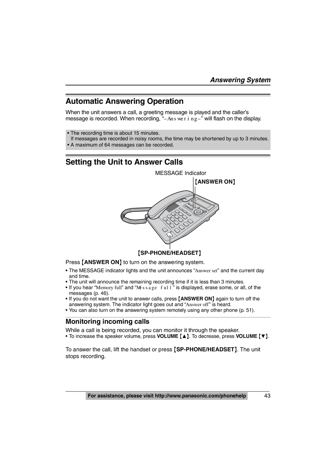 Panasonic KX-TS620W Automatic Answering Operation, Setting the Unit to Answer Calls, Monitoring incoming calls 