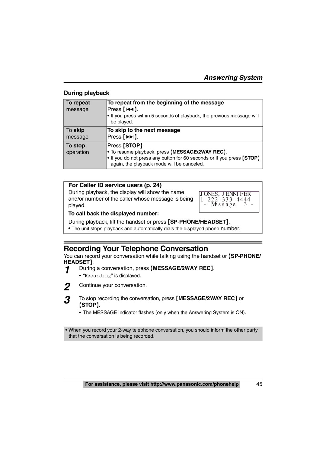 Panasonic KX-TS620W operating instructions Recording Your Telephone Conversation, Message 