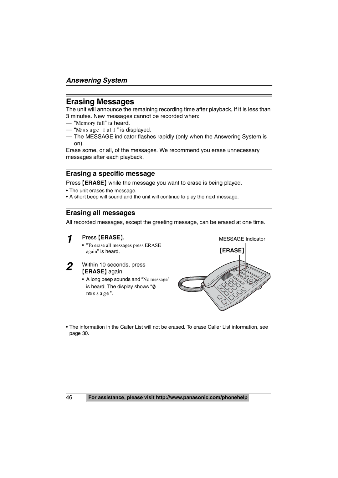 Panasonic KX-TS620W Erasing Messages, Erasing a specific message, Erasing all messages, Within 10 seconds, press 