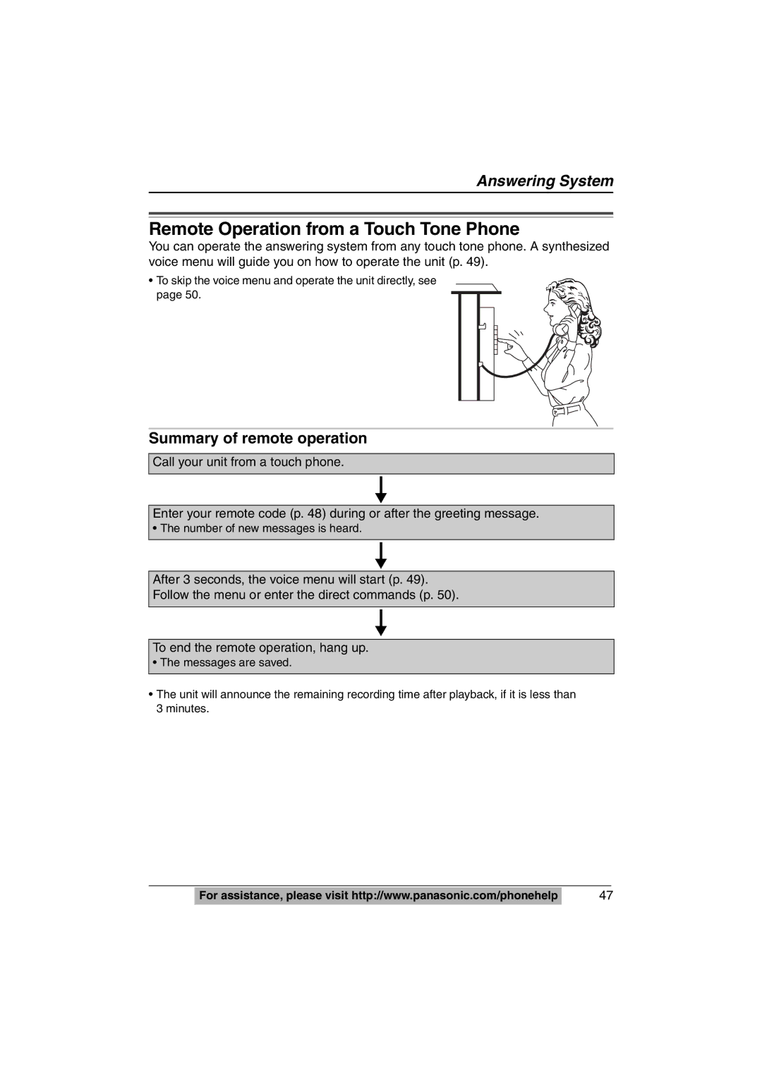 Panasonic KX-TS620W operating instructions Remote Operation from a Touch Tone Phone, Summary of remote operation 