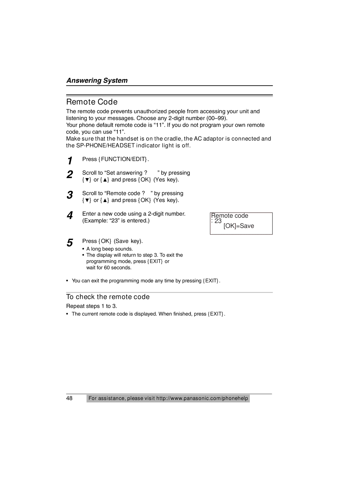 Panasonic KX-TS620W operating instructions Remote Code, To check the remote code, Remote code OK=Save 