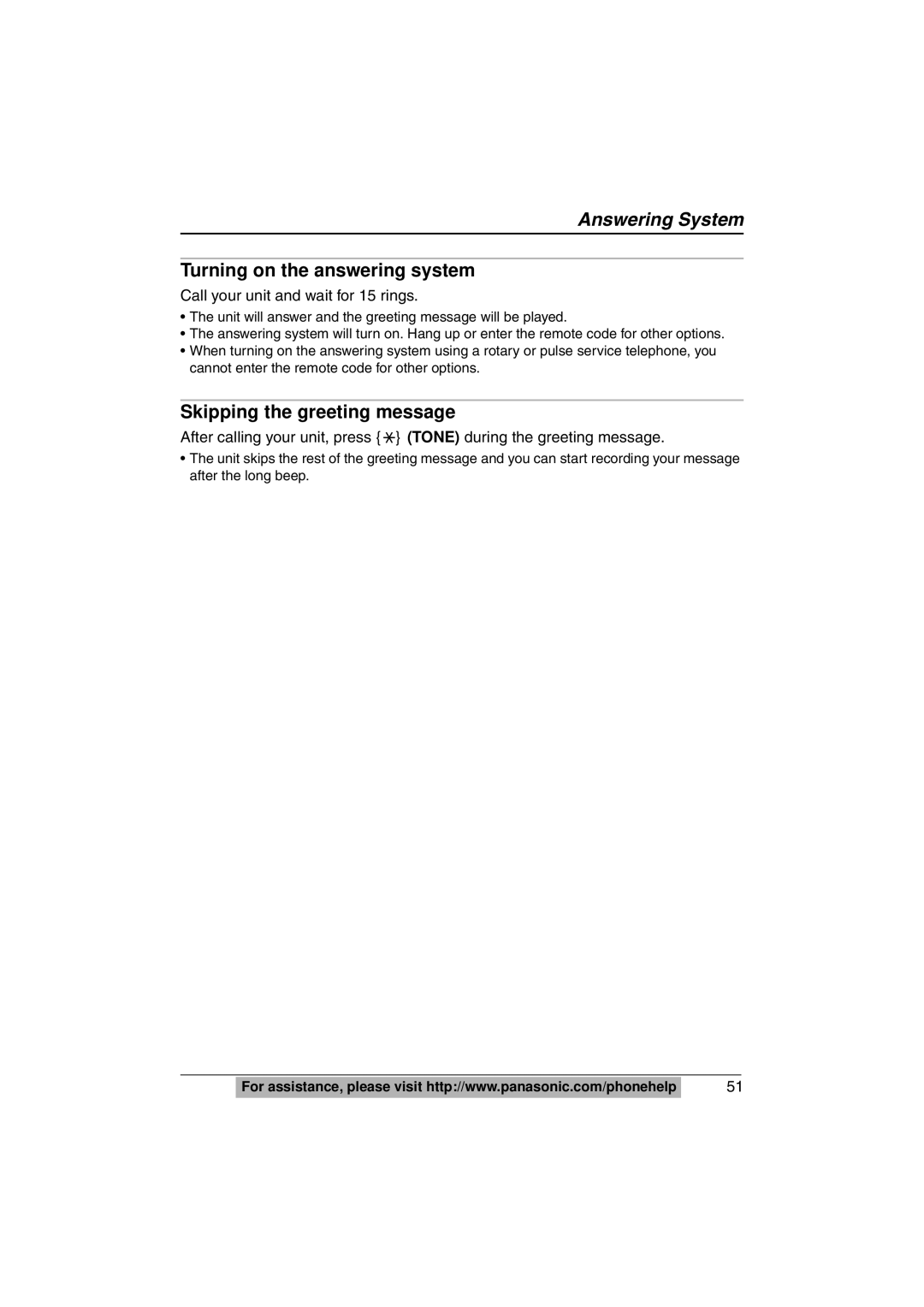 Panasonic KX-TS620W Turning on the answering system, Skipping the greeting message, Call your unit and wait for 15 rings 