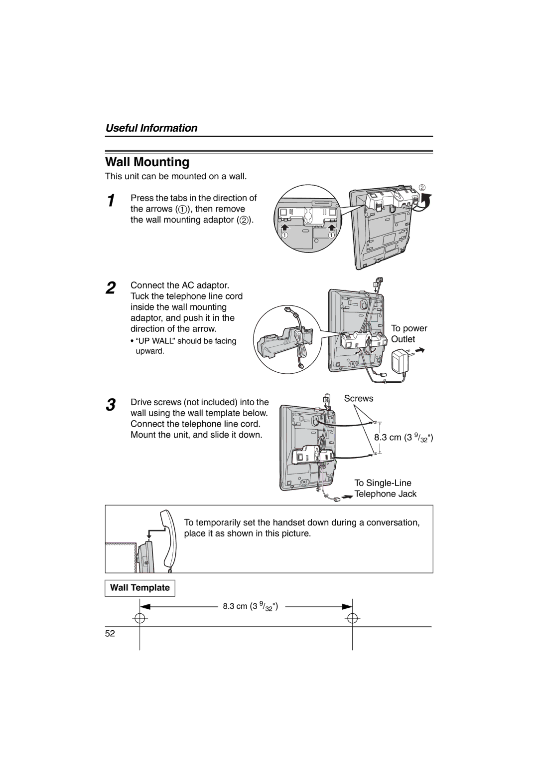 Panasonic KX-TS620W operating instructions Wall Mounting, Wall Template 