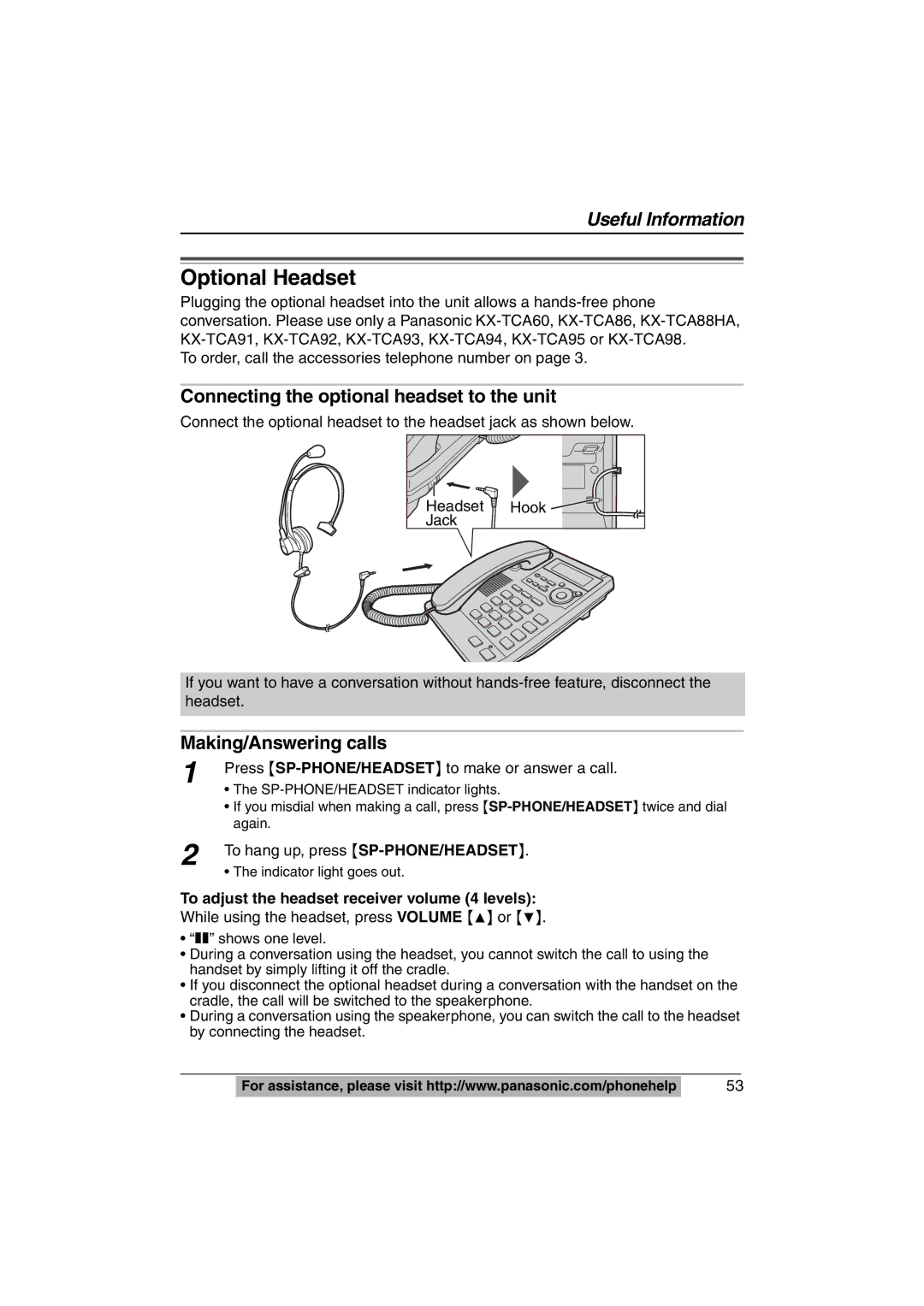 Panasonic KX-TS620W Optional Headset, Connecting the optional headset to the unit, Making/Answering calls 