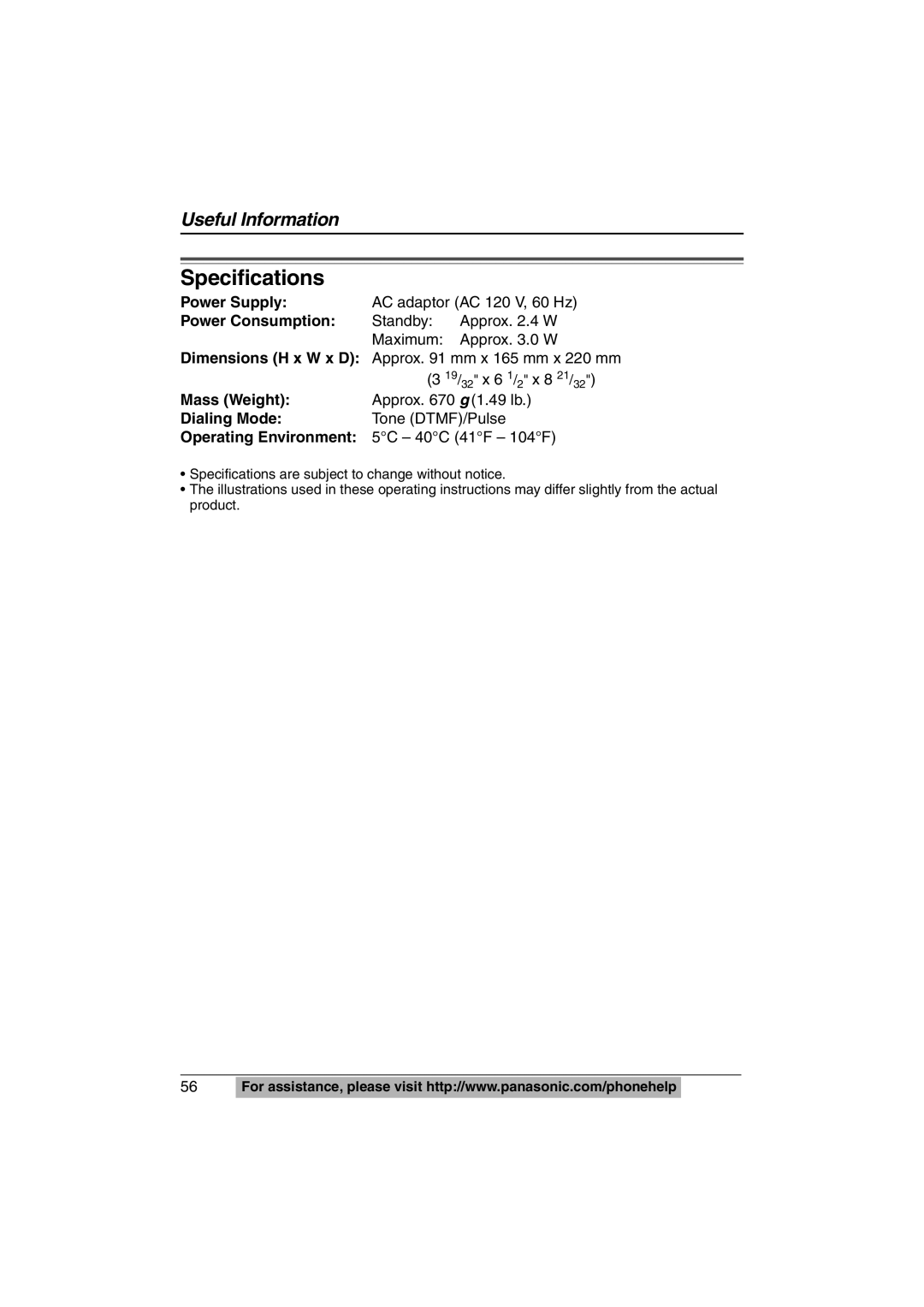 Panasonic KX-TS620W operating instructions Specifications 