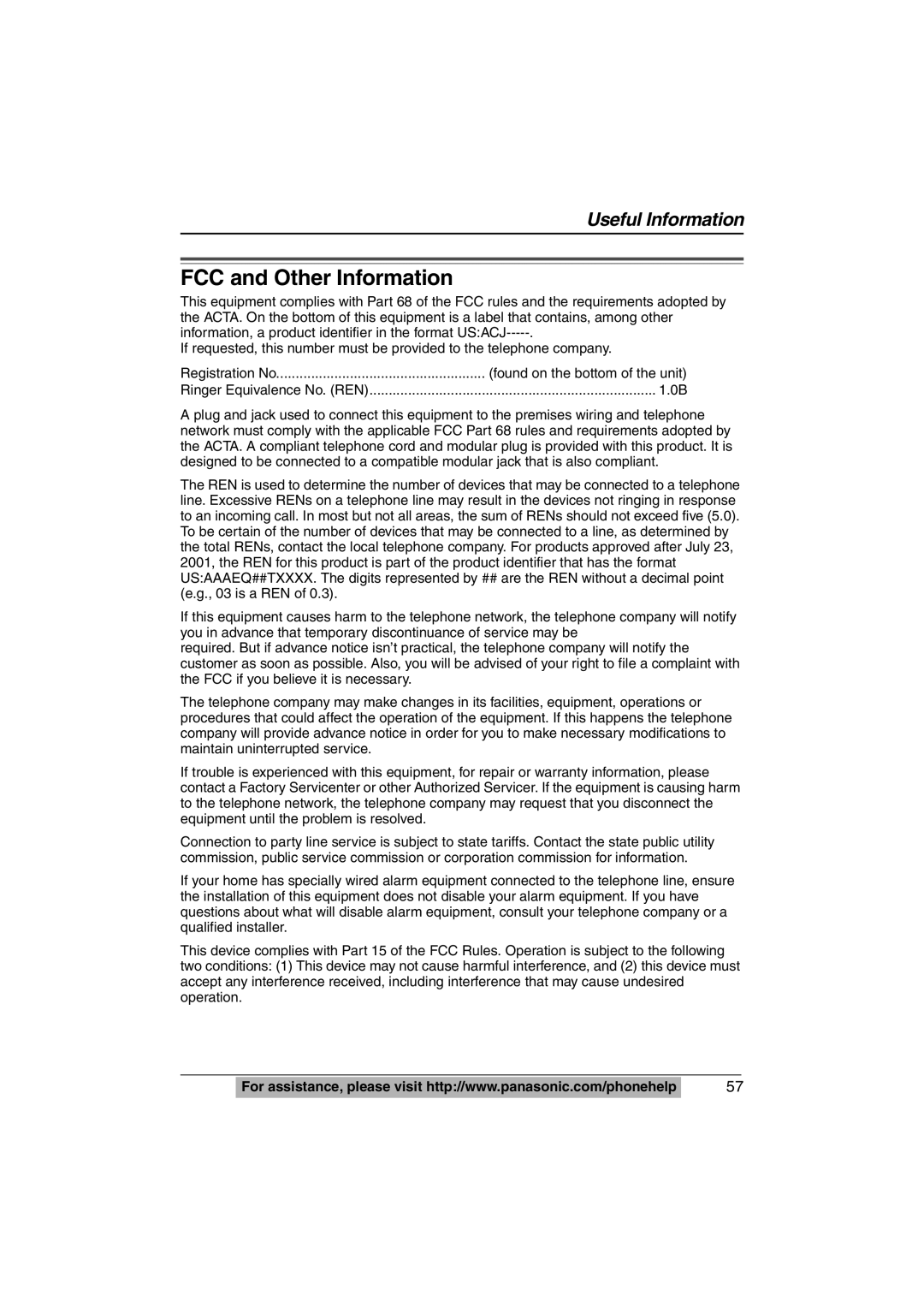 Panasonic KX-TS620W operating instructions FCC and Other Information 