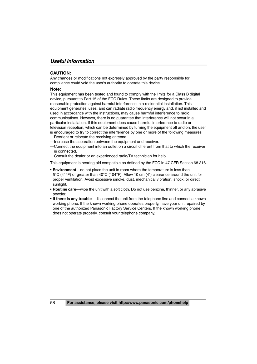 Panasonic KX-TS620W operating instructions Useful Information 