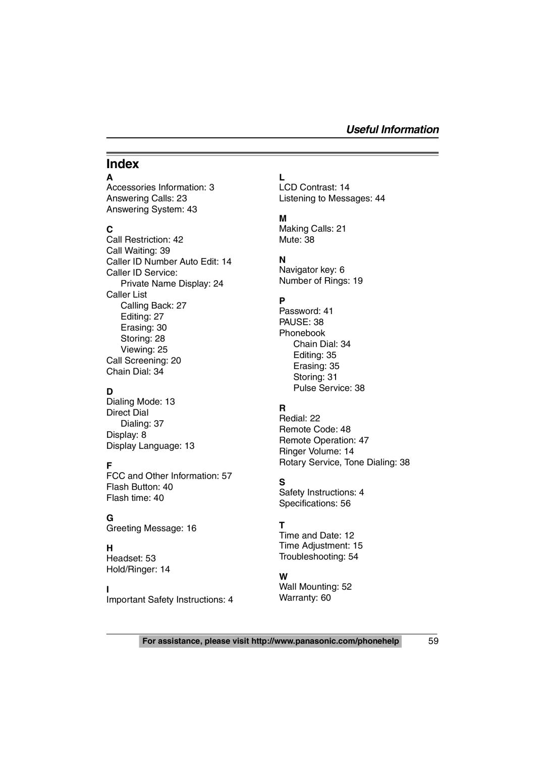 Panasonic KX-TS620W operating instructions Index, Pause 