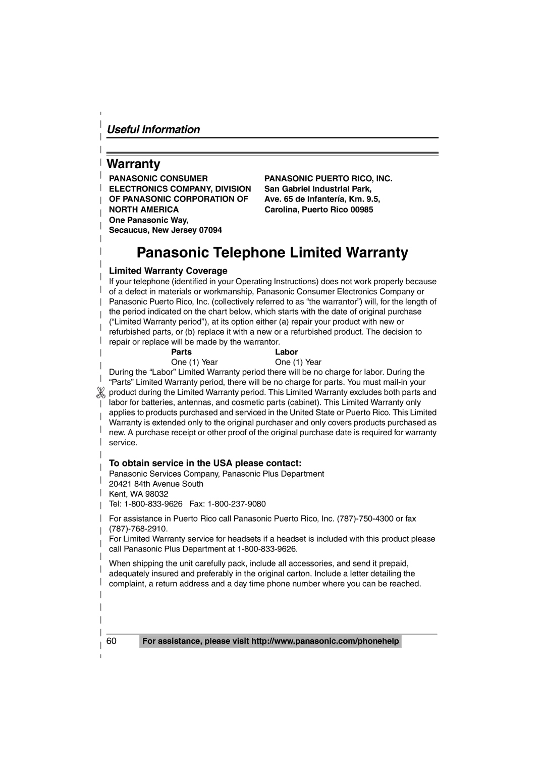 Panasonic KX-TS620W operating instructions Limited Warranty Coverage, To obtain service in the USA please contact 