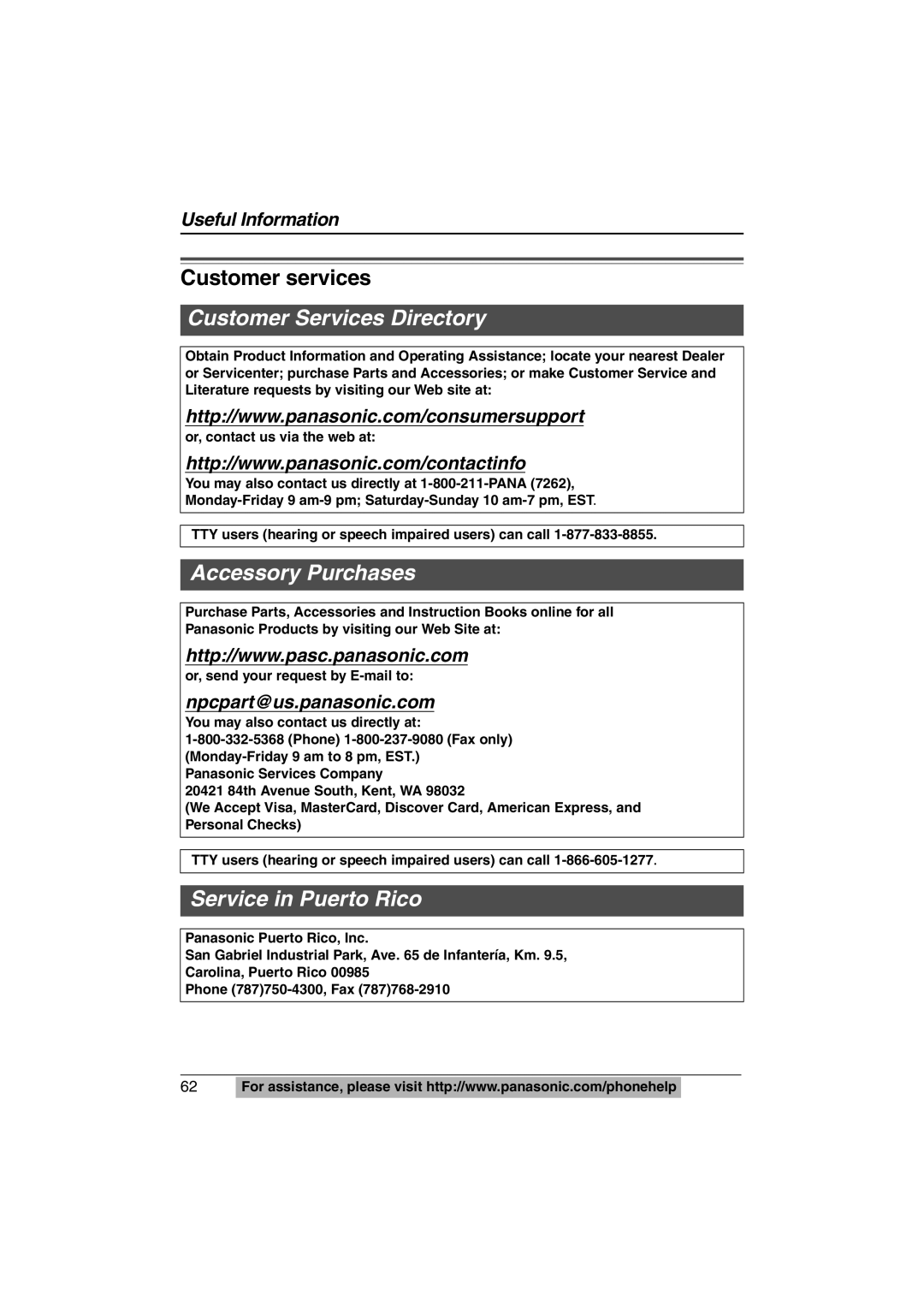 Panasonic KX-TS620W operating instructions Customer services, Customer Services Directory 