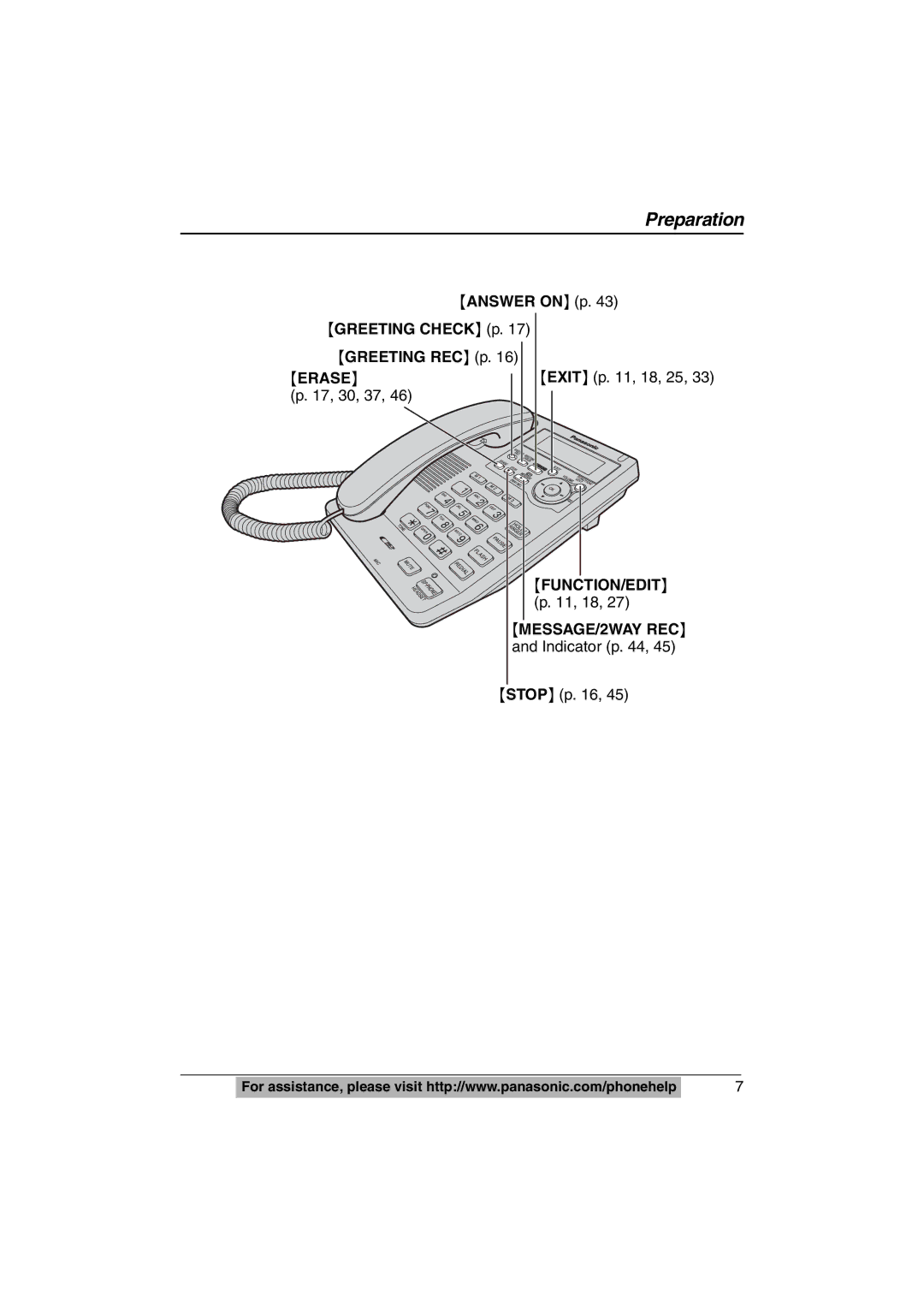 Panasonic KX-TS620W Answer on p Greeting Check p Greeting REC p Erase, 17, 30, 37 Exit p , 18, 25, 11, 18 