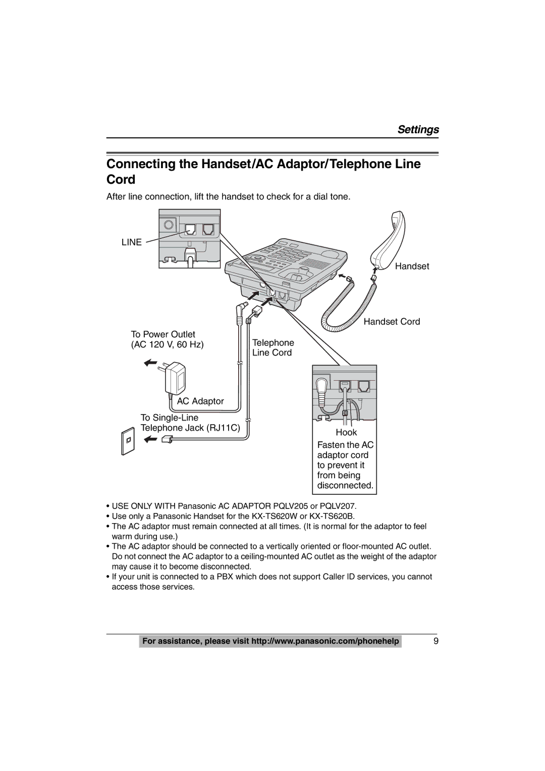 Panasonic KX-TS620W operating instructions Connecting the Handset/AC Adaptor/Telephone Line Cord 