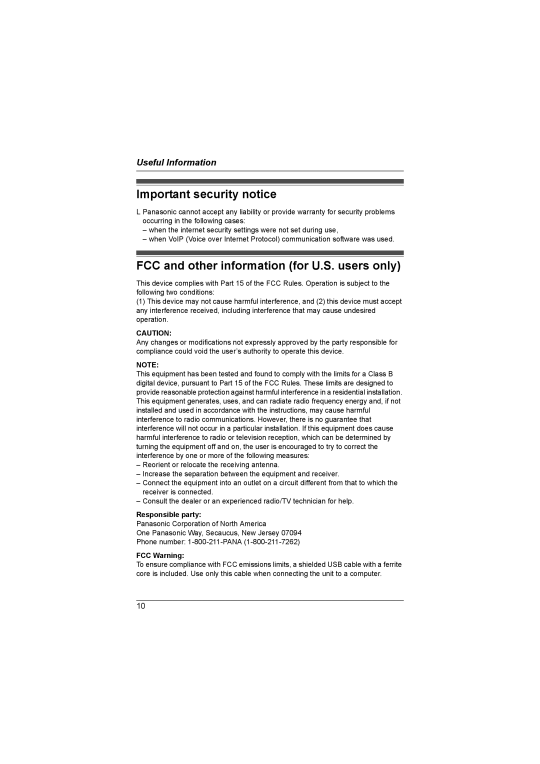 Panasonic KX-TS710 Important security notice, FCC and other information for U.S. users only, Responsible party 