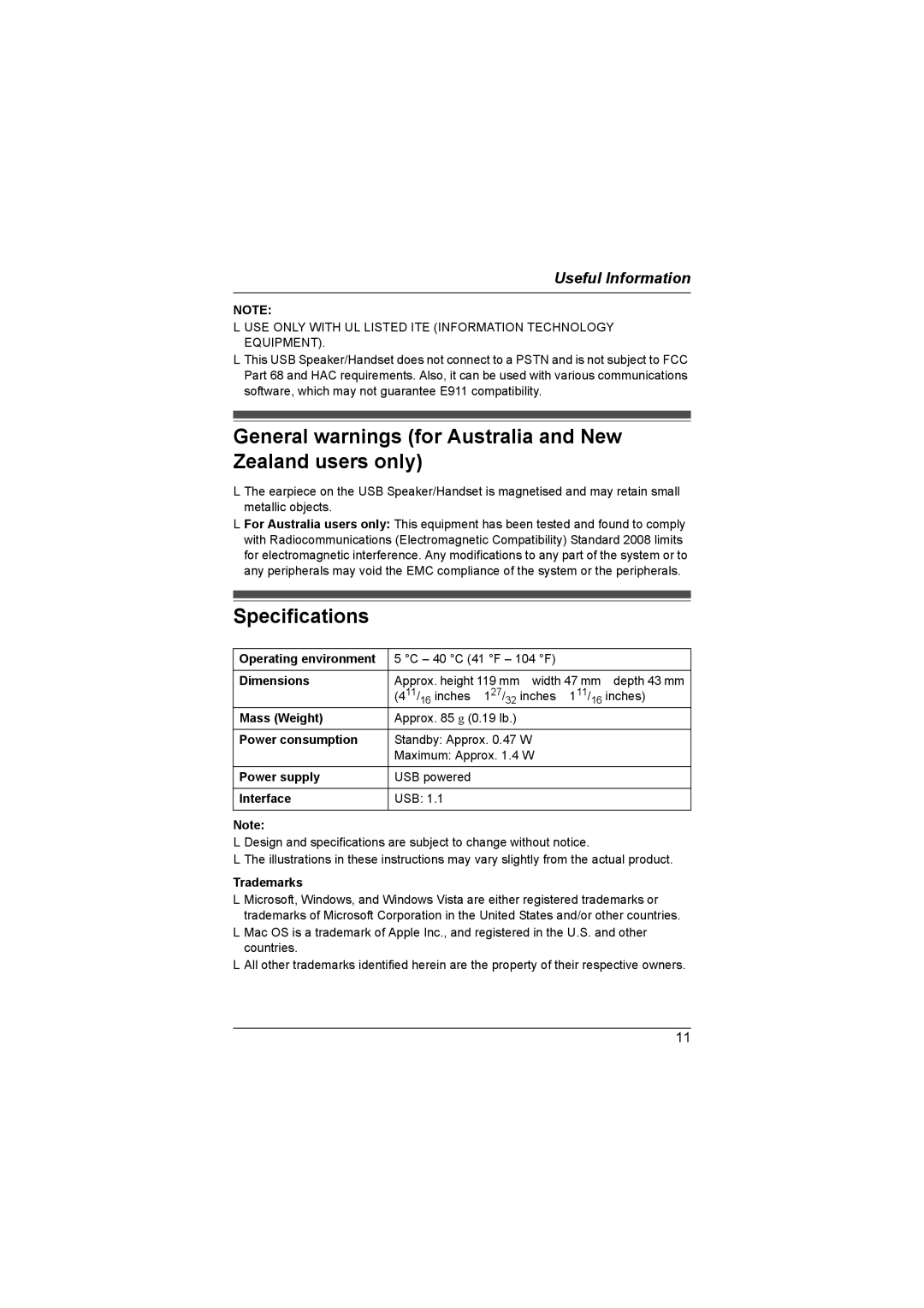 Panasonic KX-TS710 operating instructions General warnings for Australia and New Zealand users only, Specifications 