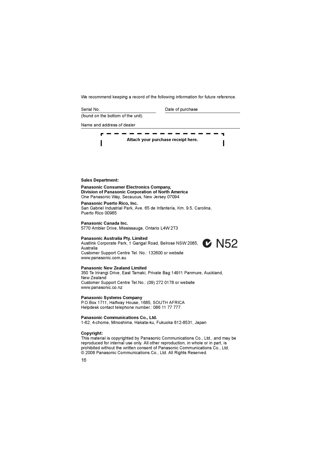 Panasonic KX-TS710 Panasonic Puerto Rico, Inc, Panasonic Australia Pty. Limited, Panasonic New Zealand Limited, Copyright 