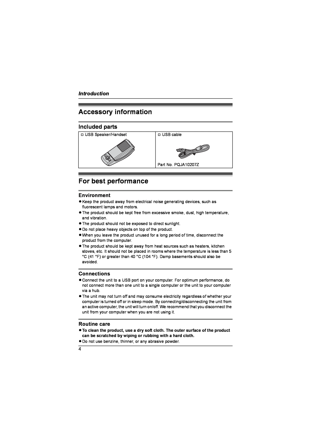 Panasonic KX-TS710 Accessory information, For best performance, Included parts, Introduction, Environment, Connections 