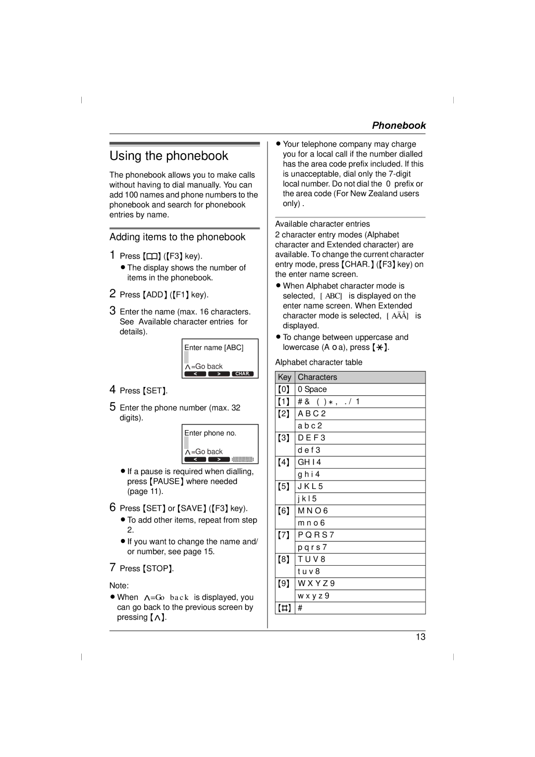 Panasonic KX-TS730AZ operating instructions Using the phonebook, Adding items to the phonebook, Available character entries 