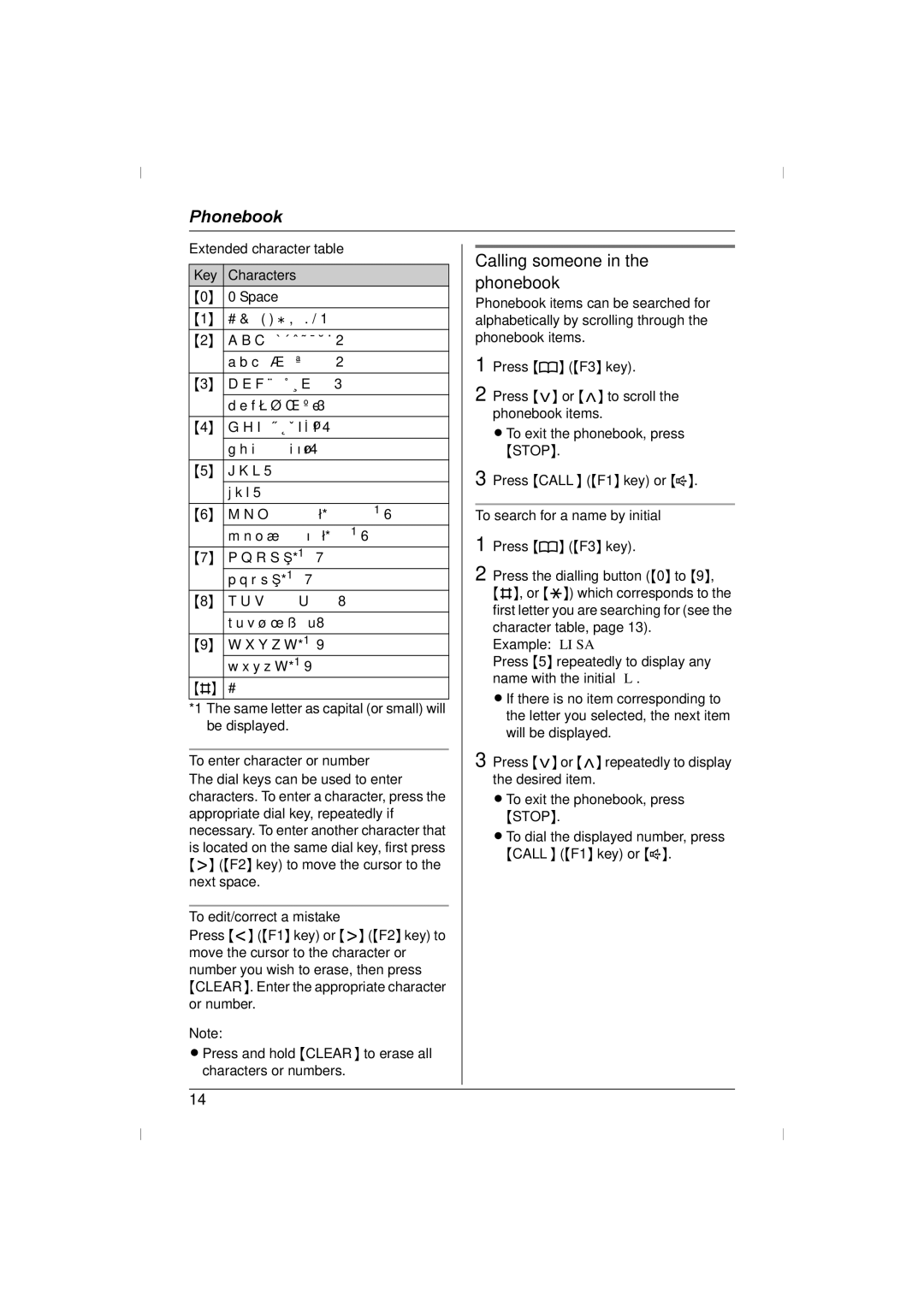 Panasonic KX-TS730AZ Calling someone in the phonebook, Extended character table Key Characters, To edit/correct a mistake 