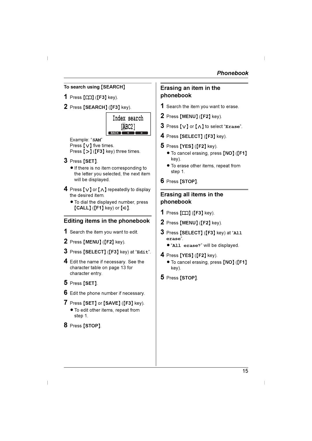 Panasonic KX-TS730AZ Editing items in the phonebook, Erasing an item in the phonebook, Erasing all items in the phonebook 