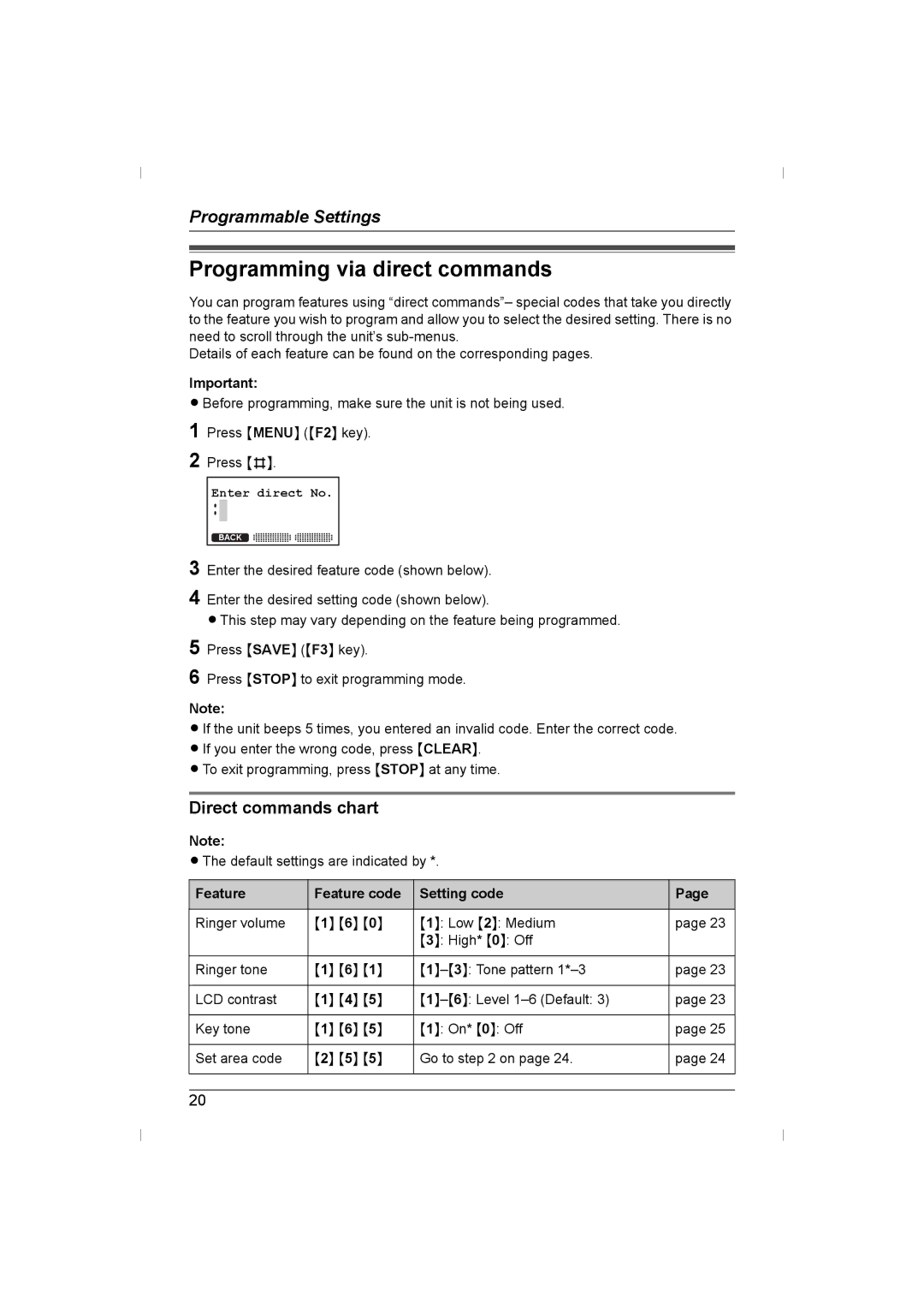 Panasonic KX-TS730AZ Programming via direct commands, Direct commands chart, Feature Feature code Setting code 