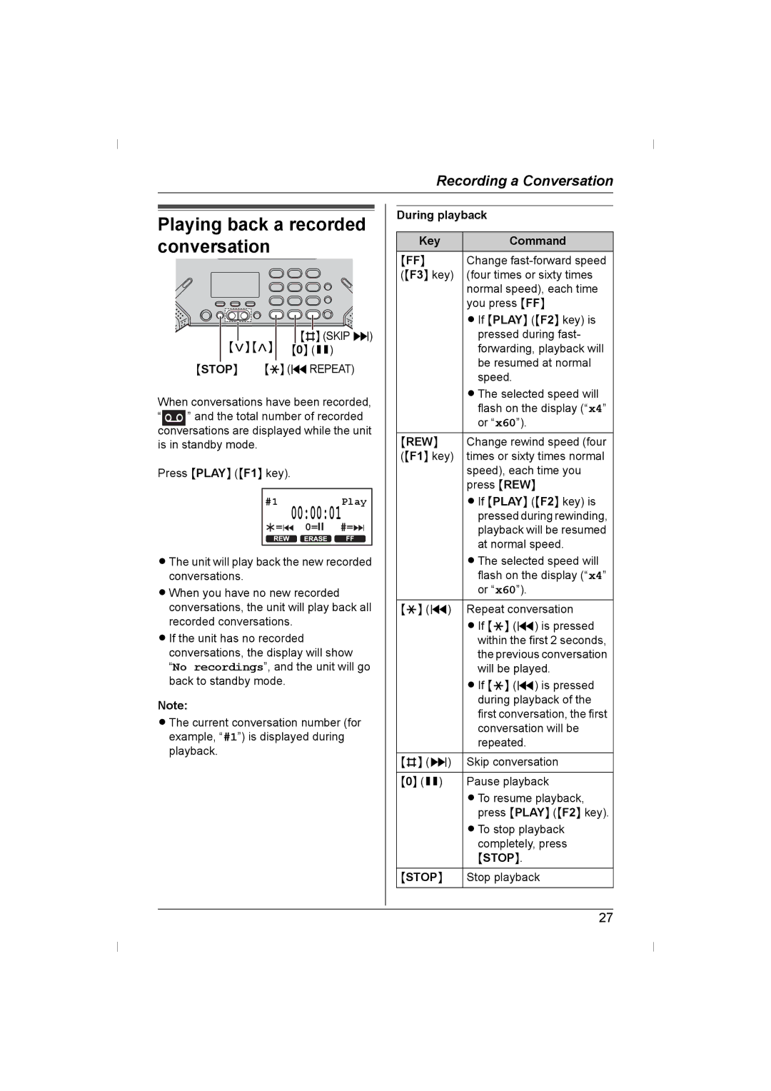 Panasonic KX-TS730AZ operating instructions Playing back a recorded conversation, During playback Key Command 