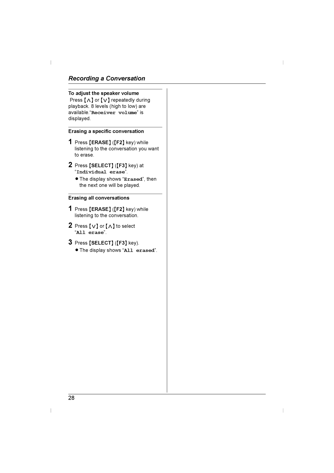 Panasonic KX-TS730AZ operating instructions Erasing all conversations 