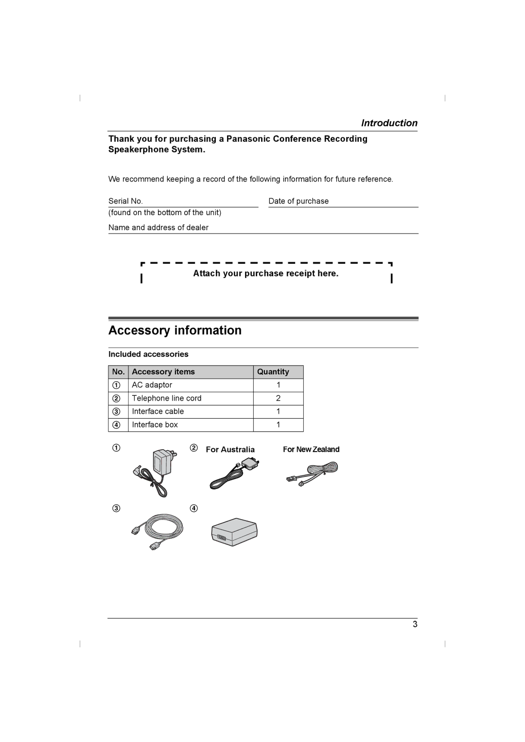 Panasonic KX-TS730AZ Accessory information, Included accessories Accessory items Quantity, For Australia 