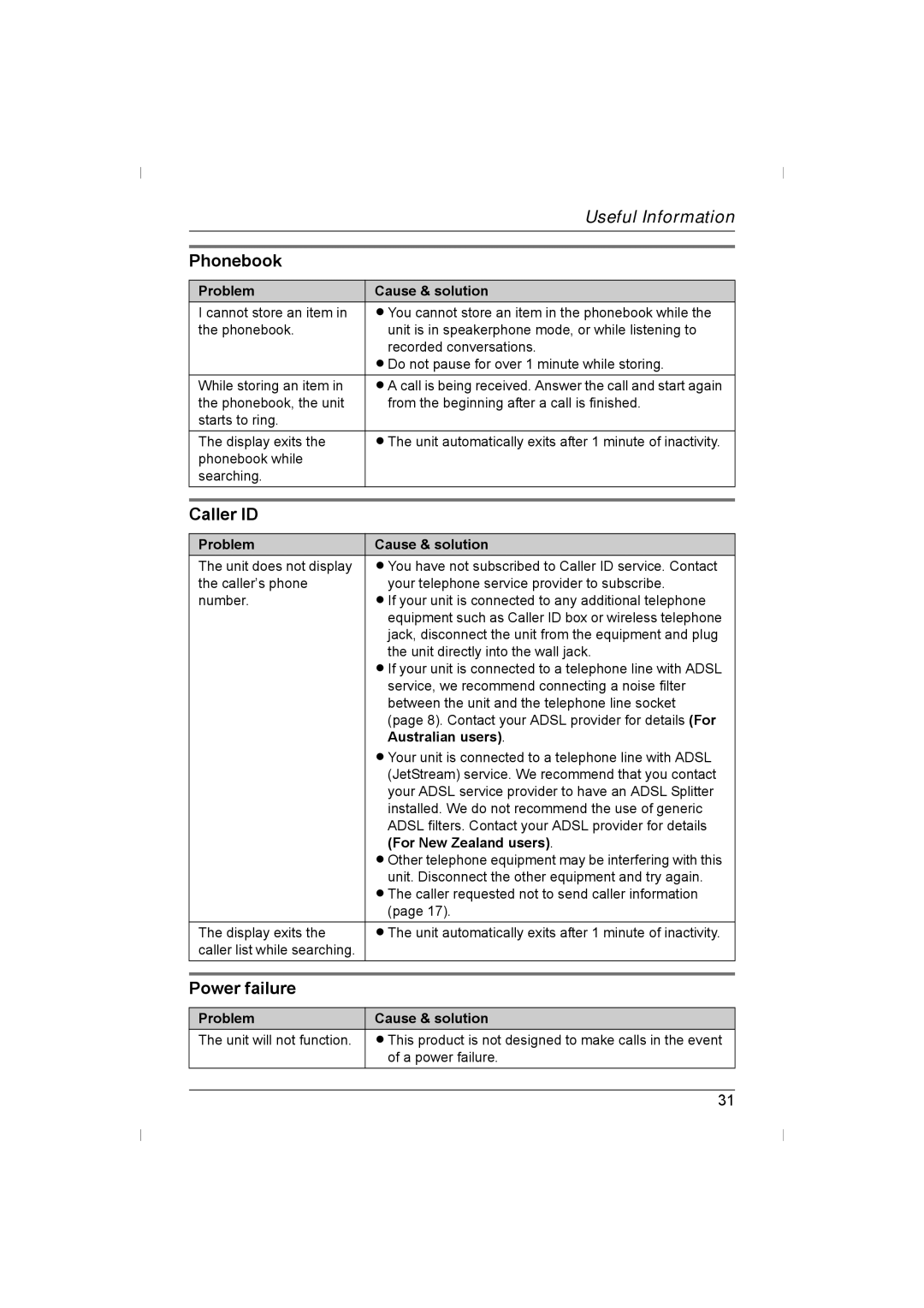 Panasonic KX-TS730AZ operating instructions Phonebook, Caller ID, Power failure 