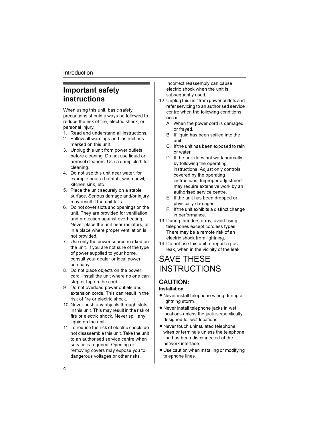 Panasonic KX-TS730AZ operating instructions Important safety instructions, Installation 