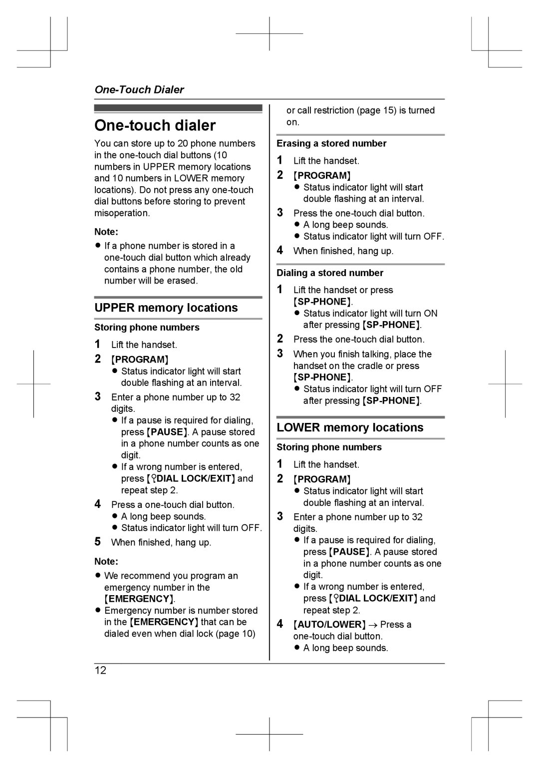 Panasonic KX-TS840MX operating instructions One-touch dialer, Upper memory locations, Lower memory locations, Memergencyn 