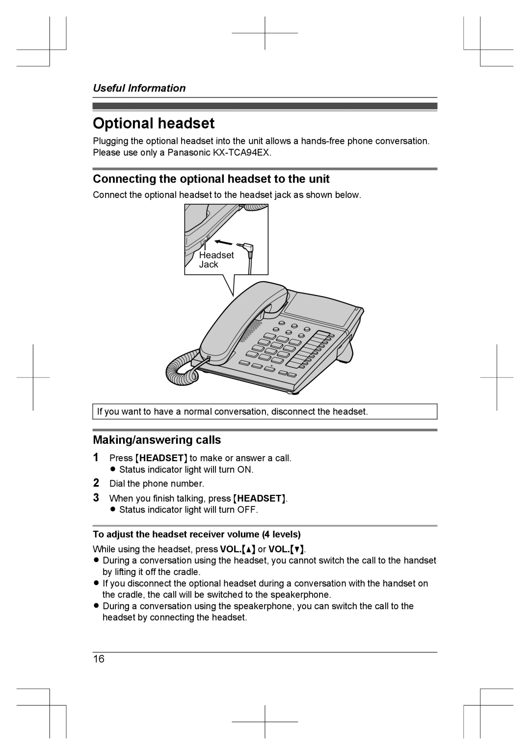 Panasonic KX-TS840MX operating instructions Optional headset, Connecting the optional headset to the unit 