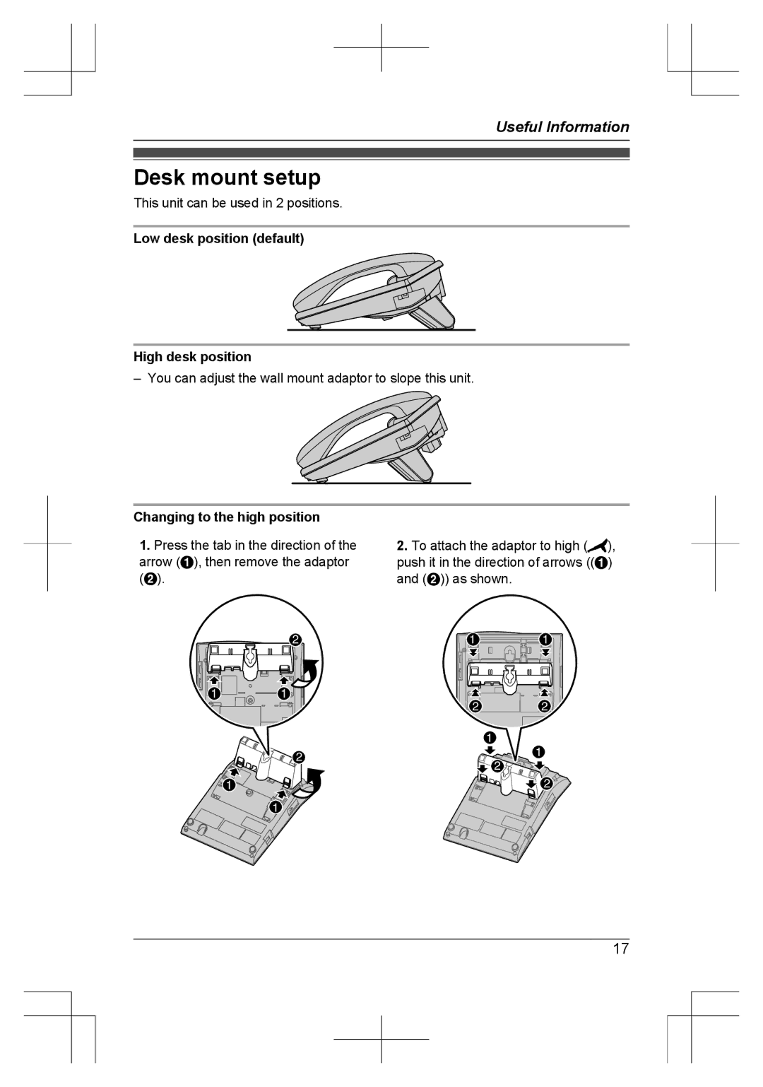 Panasonic KX-TS840MX Desk mount setup, Low desk position default High desk position, Changing to the high position 