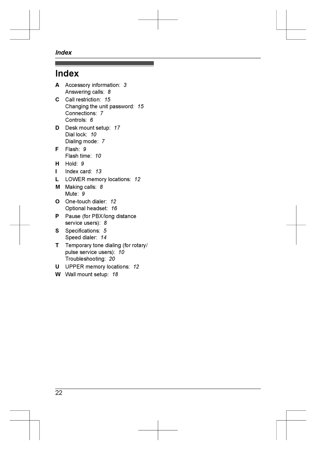 Panasonic KX-TS840MX operating instructions Index 