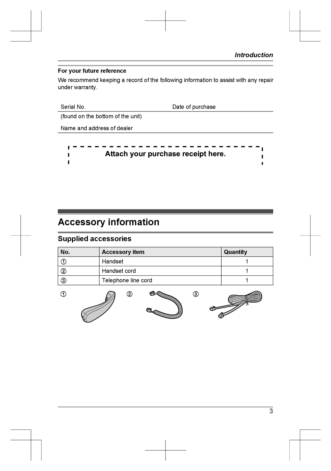 Panasonic KX-TS840MX operating instructions Accessory information, Attach your purchase receipt here, Supplied accessories 