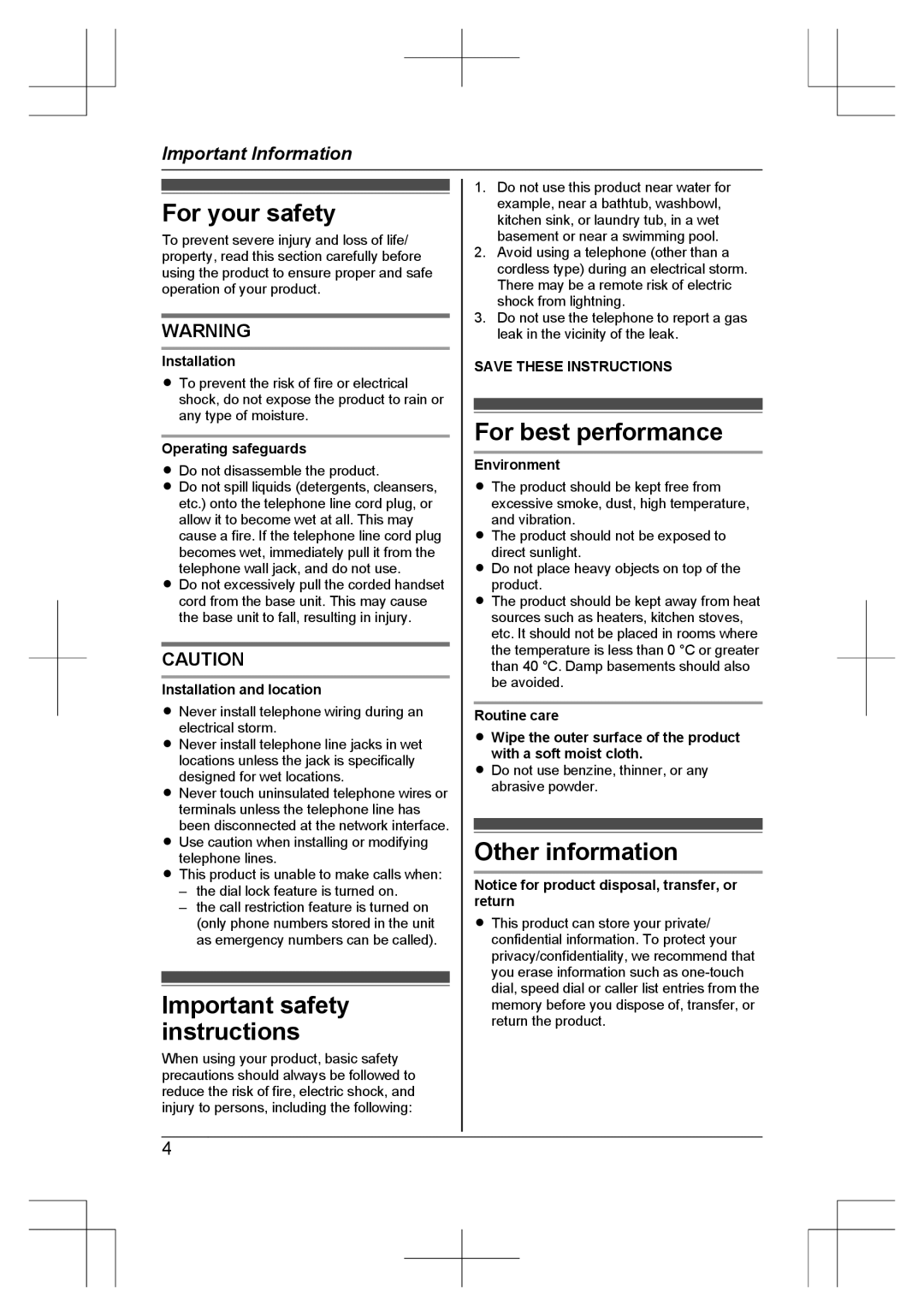 Panasonic KX-TS840MX operating instructions For your safety 