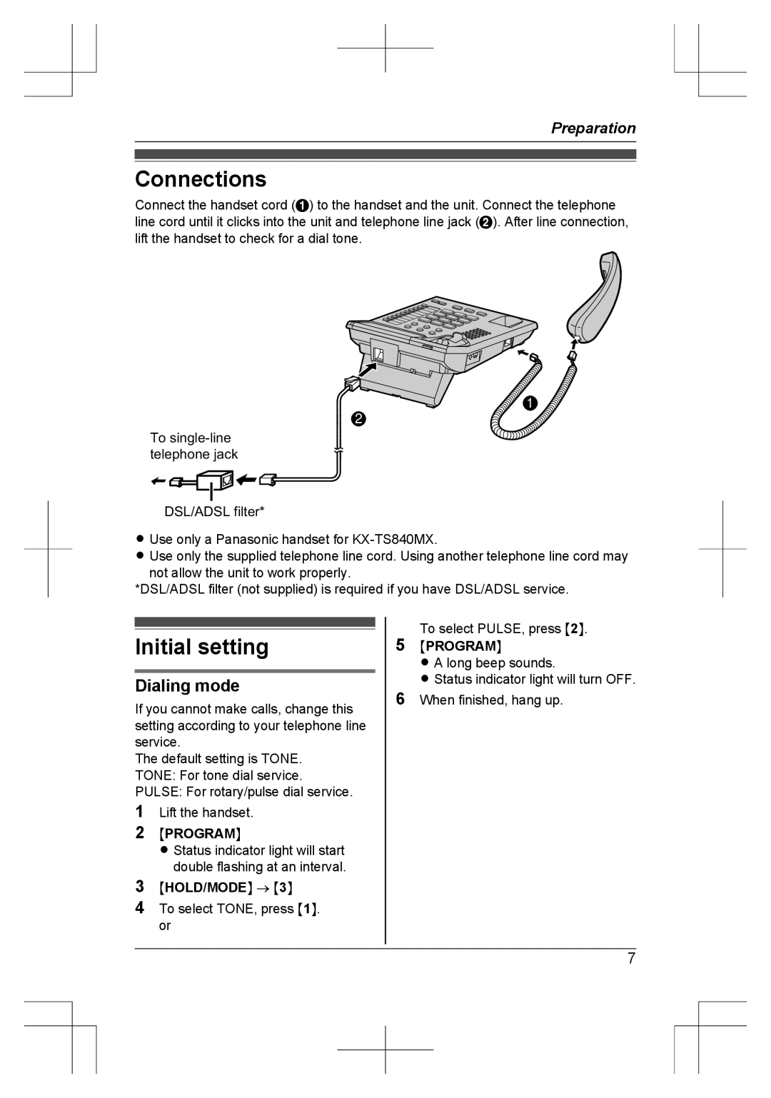 Panasonic KX-TS840MX operating instructions Connections, Initial setting, Dialing mode, Mprogramn, MHOLD/MODEN → M3N 