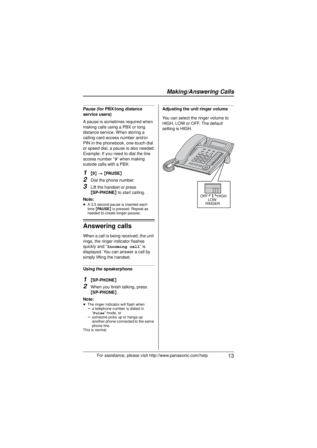 Panasonic KX-TS880 Answering calls, Pause for PBX/long distance service users, Adjusting the unit ringer volume 