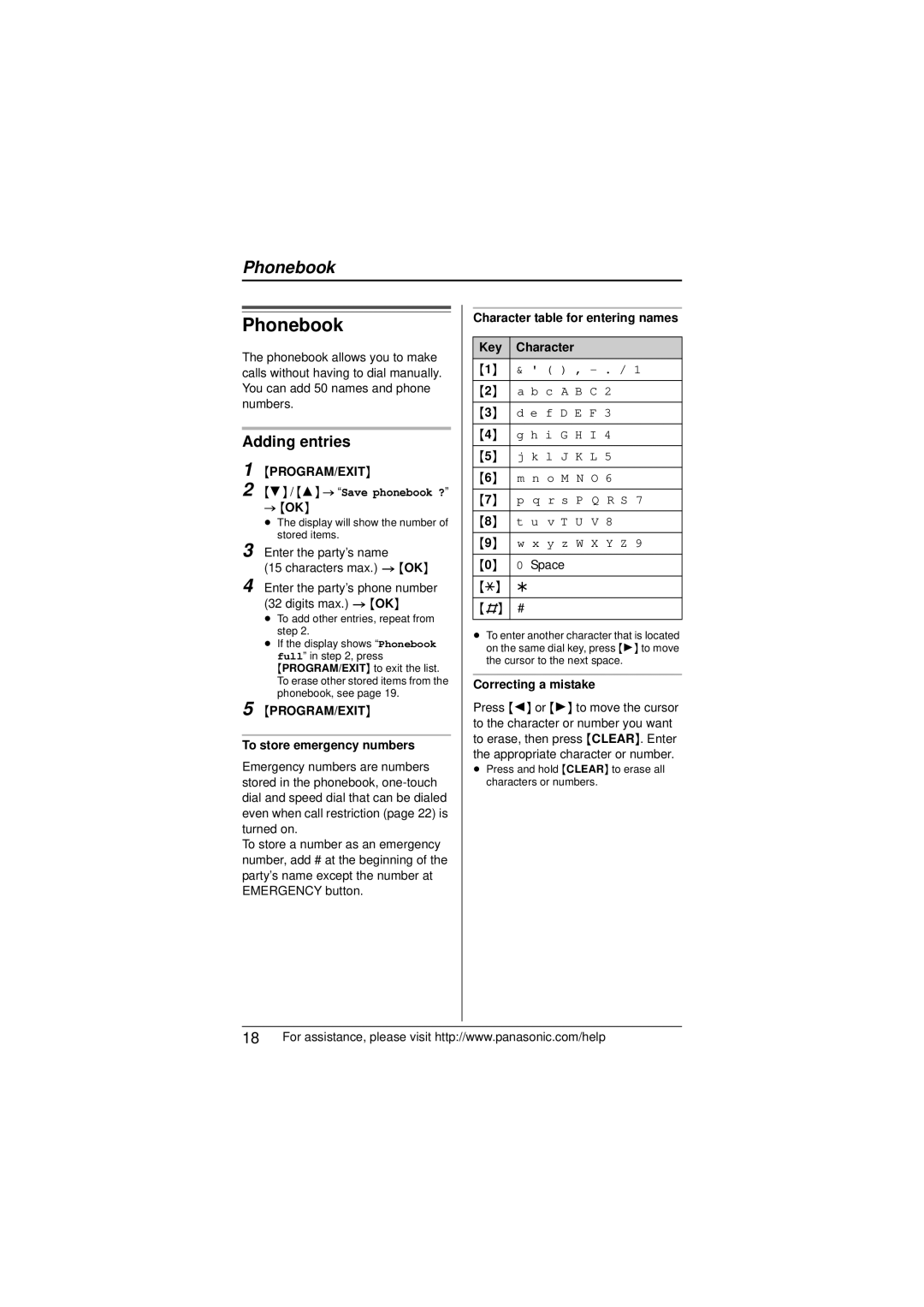 Panasonic KX-TS880 Phonebook, Adding entries, To store emergency numbers, Character table for entering names Key 