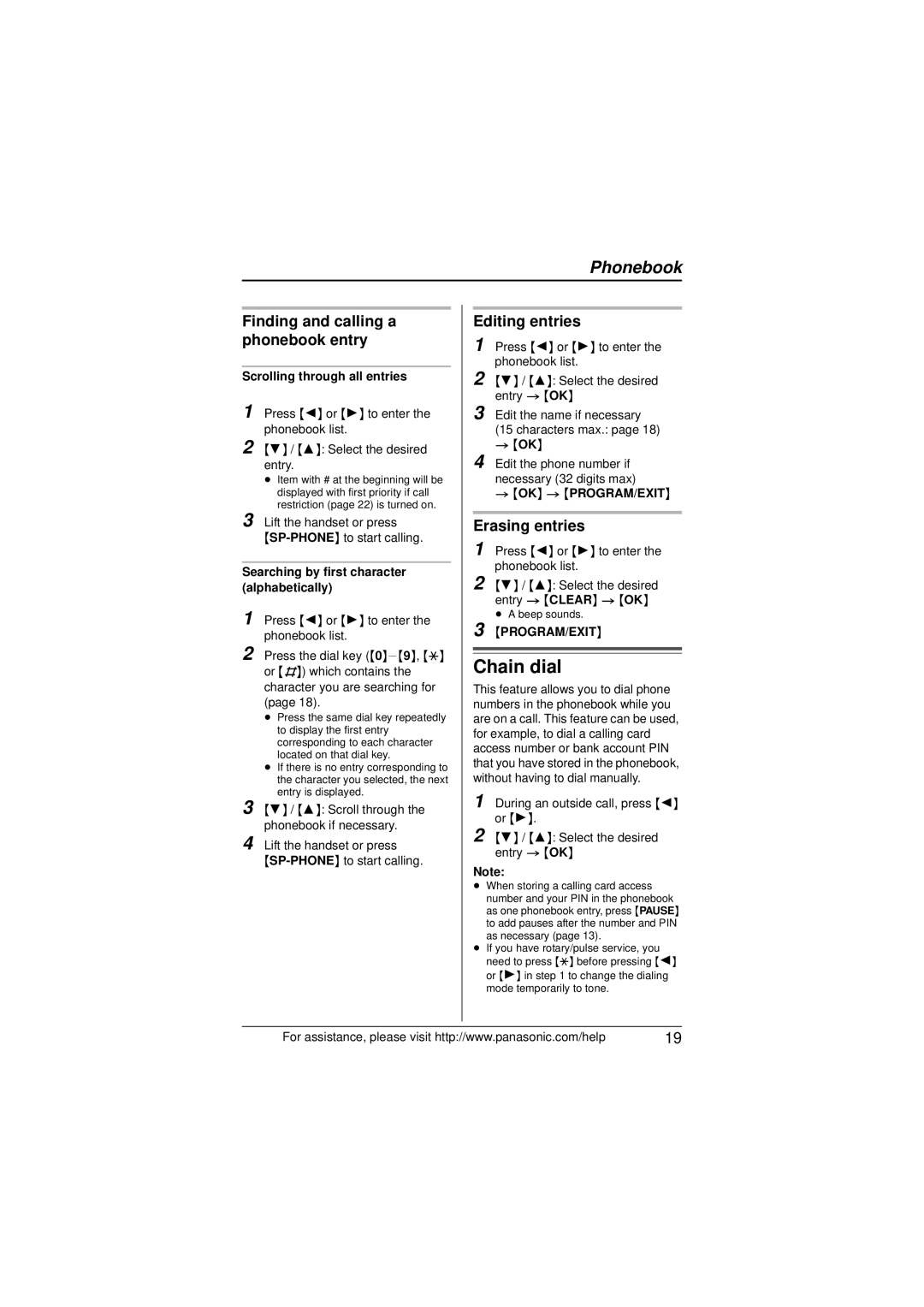 Panasonic KX-TS880 Chain dial, Finding and calling a phonebook entry, Editing entries, Erasing entries 